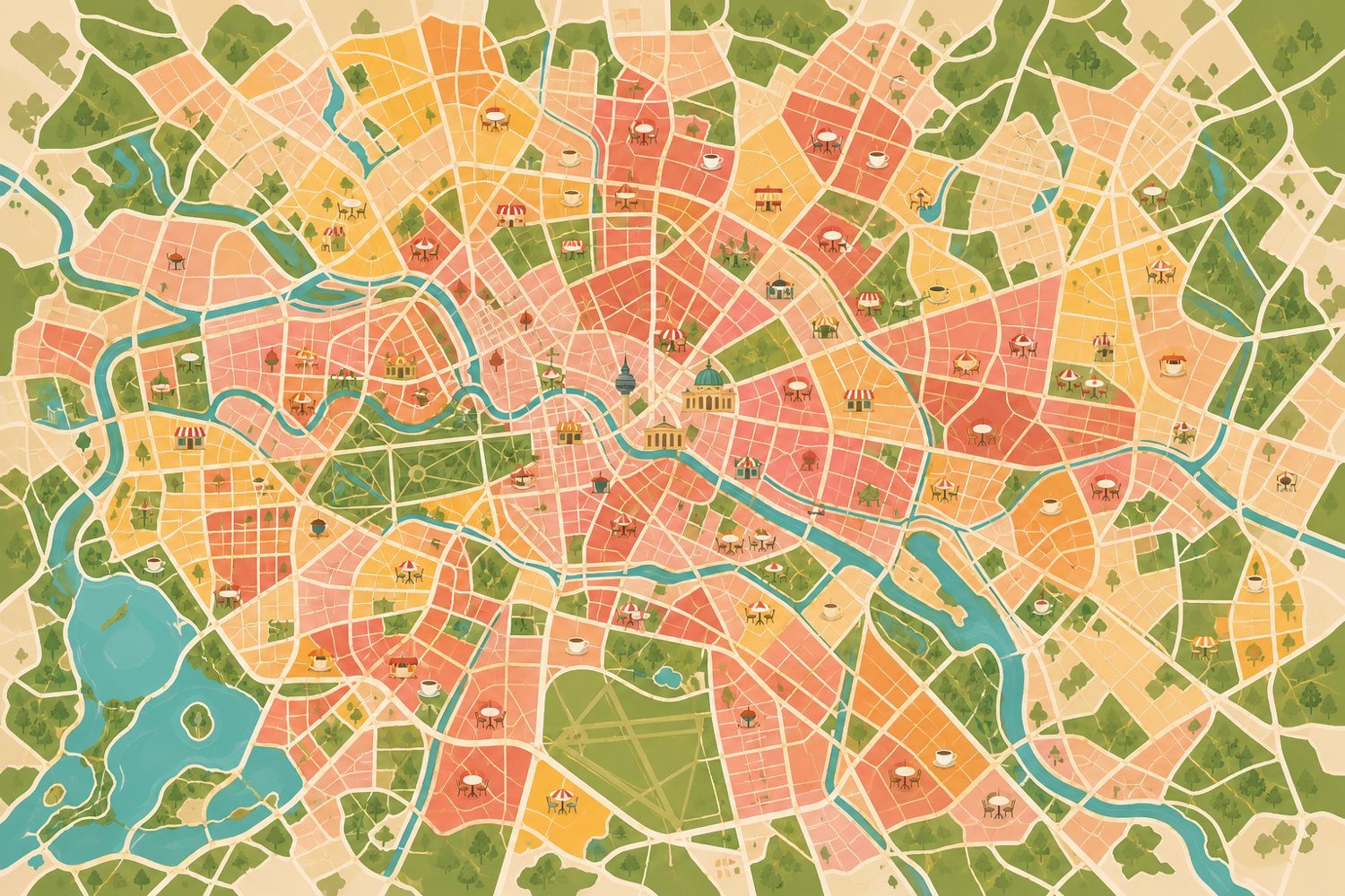 Illustrierte Karte von Berlin mit Cafés in allen zwölf Bezirken