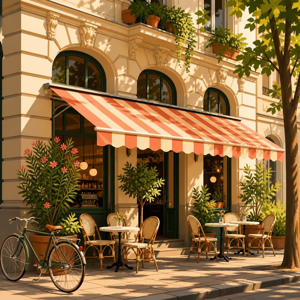 Illustriertes Berliner Altbau-Café mit gestreifter Markise, Bistrotischen auf dem Gehweg und einem Fahrrad an der Hauswand