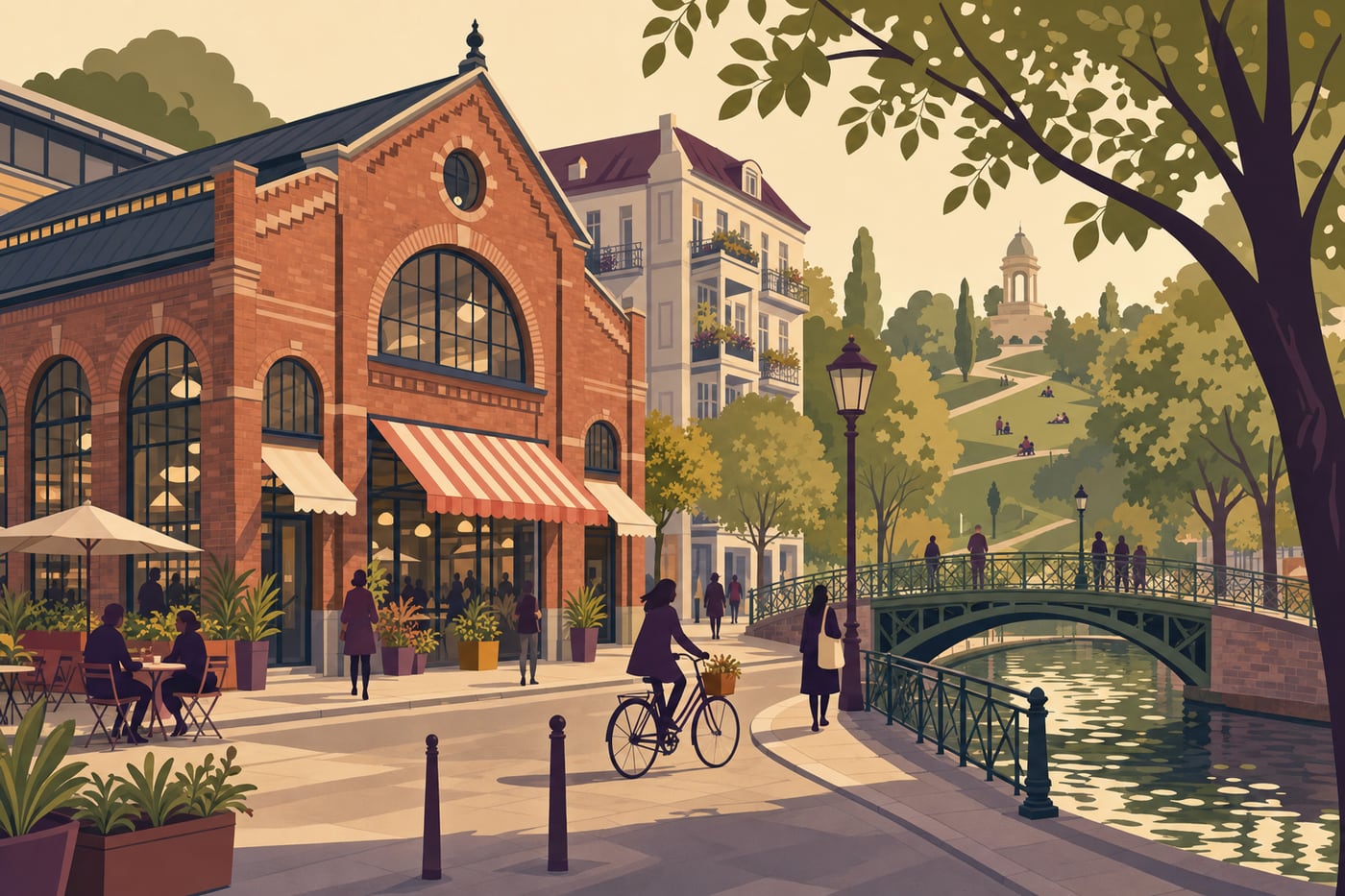 Illustrierte Straßenecke: eine Backsteinmarkthalle mit Rundbogenfenstern, davor eine Caféterrasse, rechts eine grüne Eisenbrücke über einen Kanal und ein Parkhügel