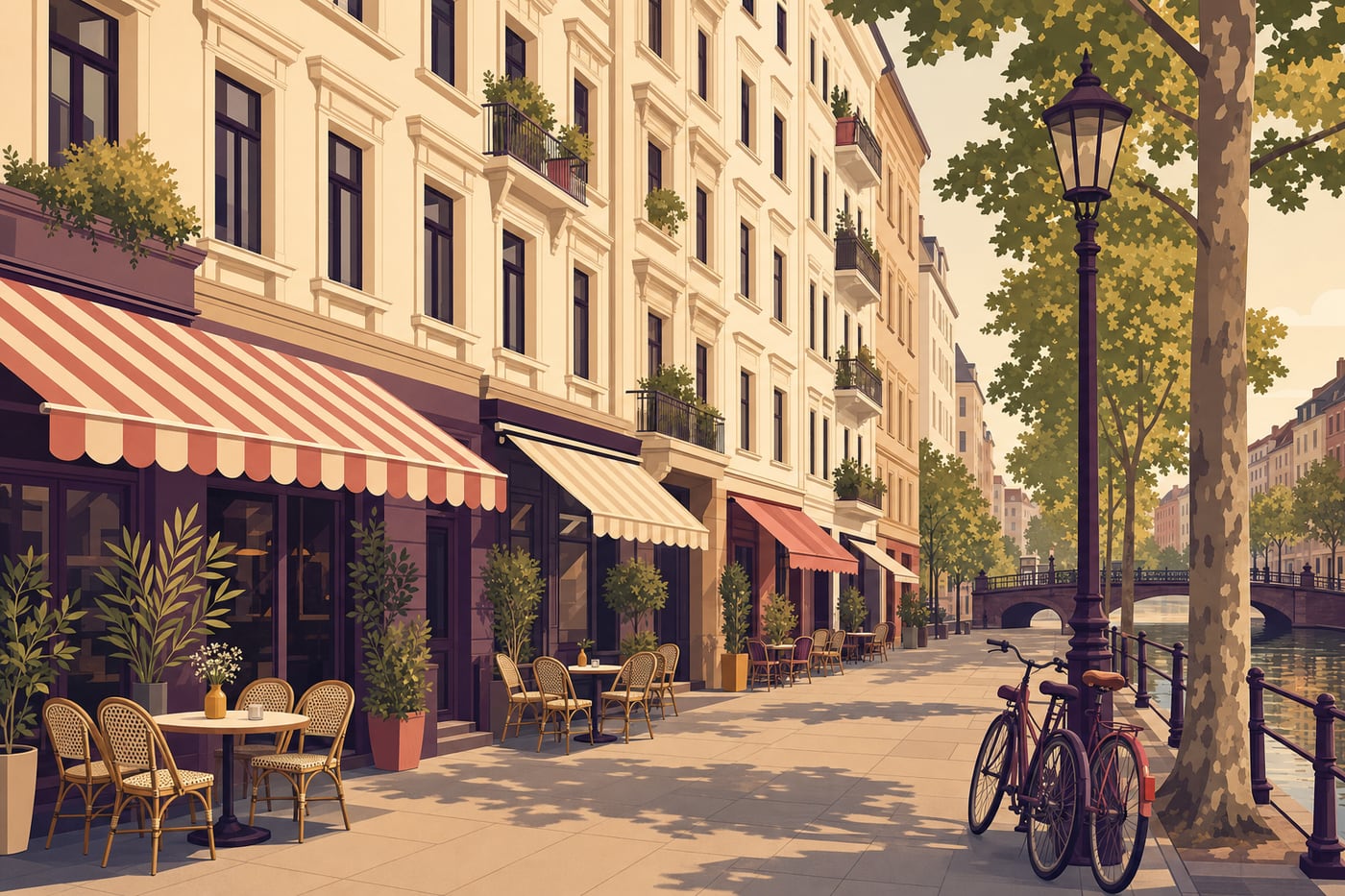 Illustrierte Altbaustraße: Cafés unter gestreiften Markisen, Bistrotische auf dem breiten Gehweg, eine große Platane und im Hintergrund ein Kanal mit steinerner Brücke