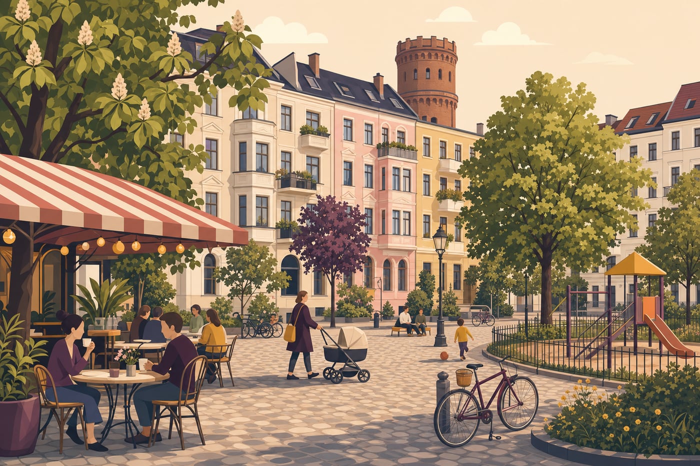 Illustrierter Platz mit Kopfsteinpflaster: Altbaufassaden in Pastelltönen, ein runder Backsteinturm über den Dächern, Caféterrasse unter Kastanien, Kinderwagen und Spielplatz