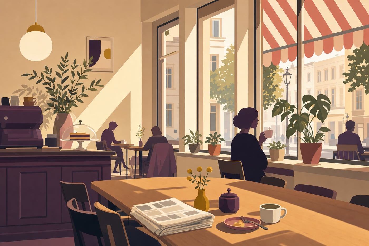 Illustriertes Caféinnere am Vormittag: langer Holztisch mit Zeitung, Tasse und Blumenvase, einzelne Gäste an den hohen Fenstern, Espressomaschine und Kuchenglocke am Tresen